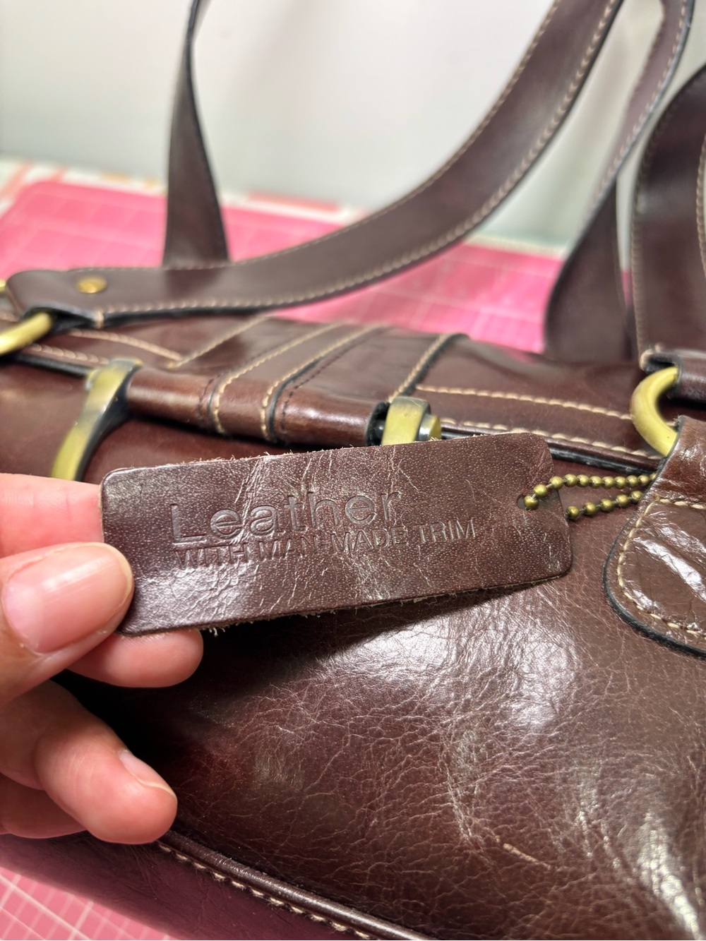Vintage Y2K APT9 Womens Brown Leather Shoulder Bag Purse Handbag Dbl Handle Tote - Picture 10 of 16
